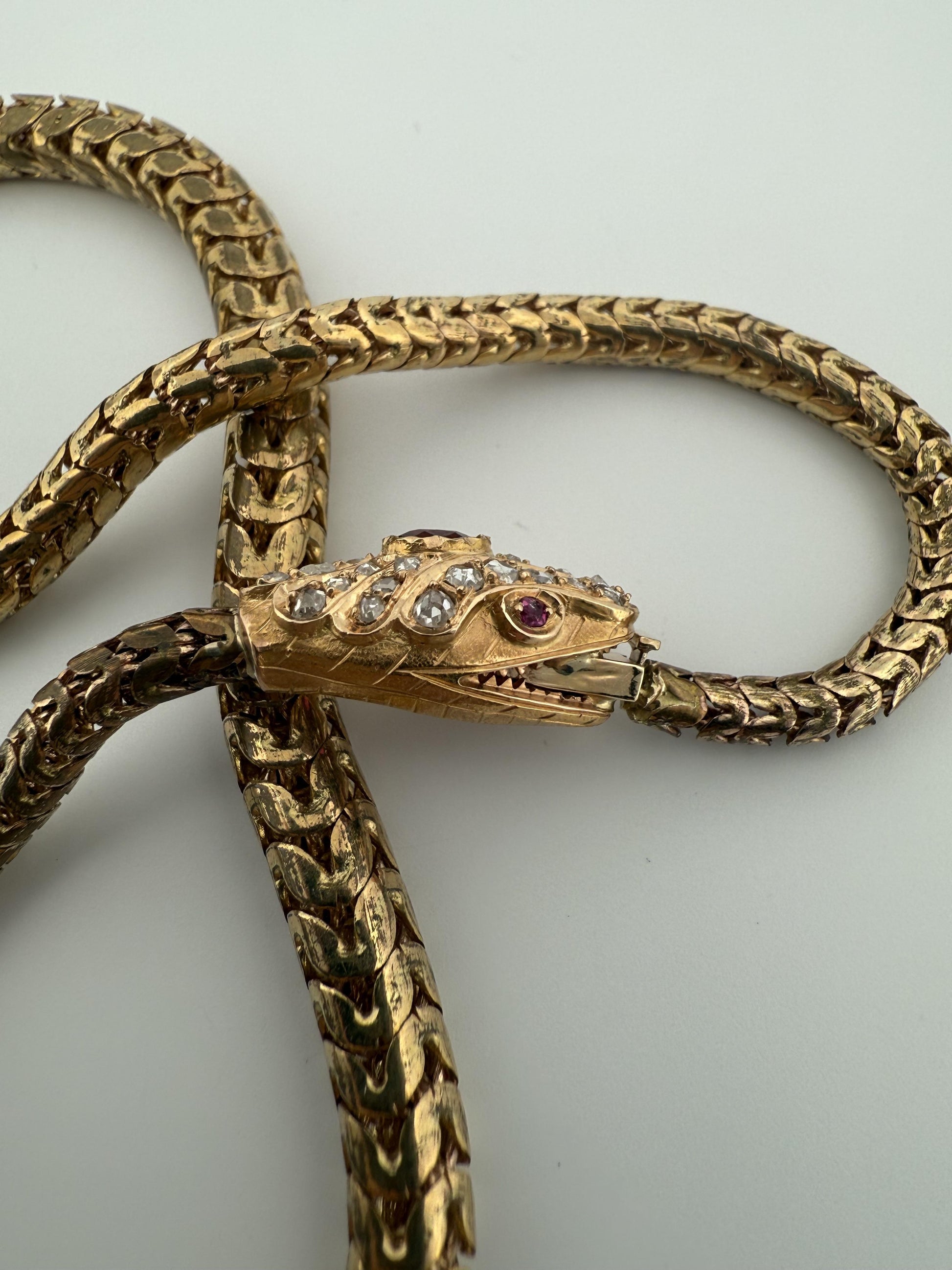 French Vintage 14K Snake Bracelet with Diamonds and Ruby Eyes