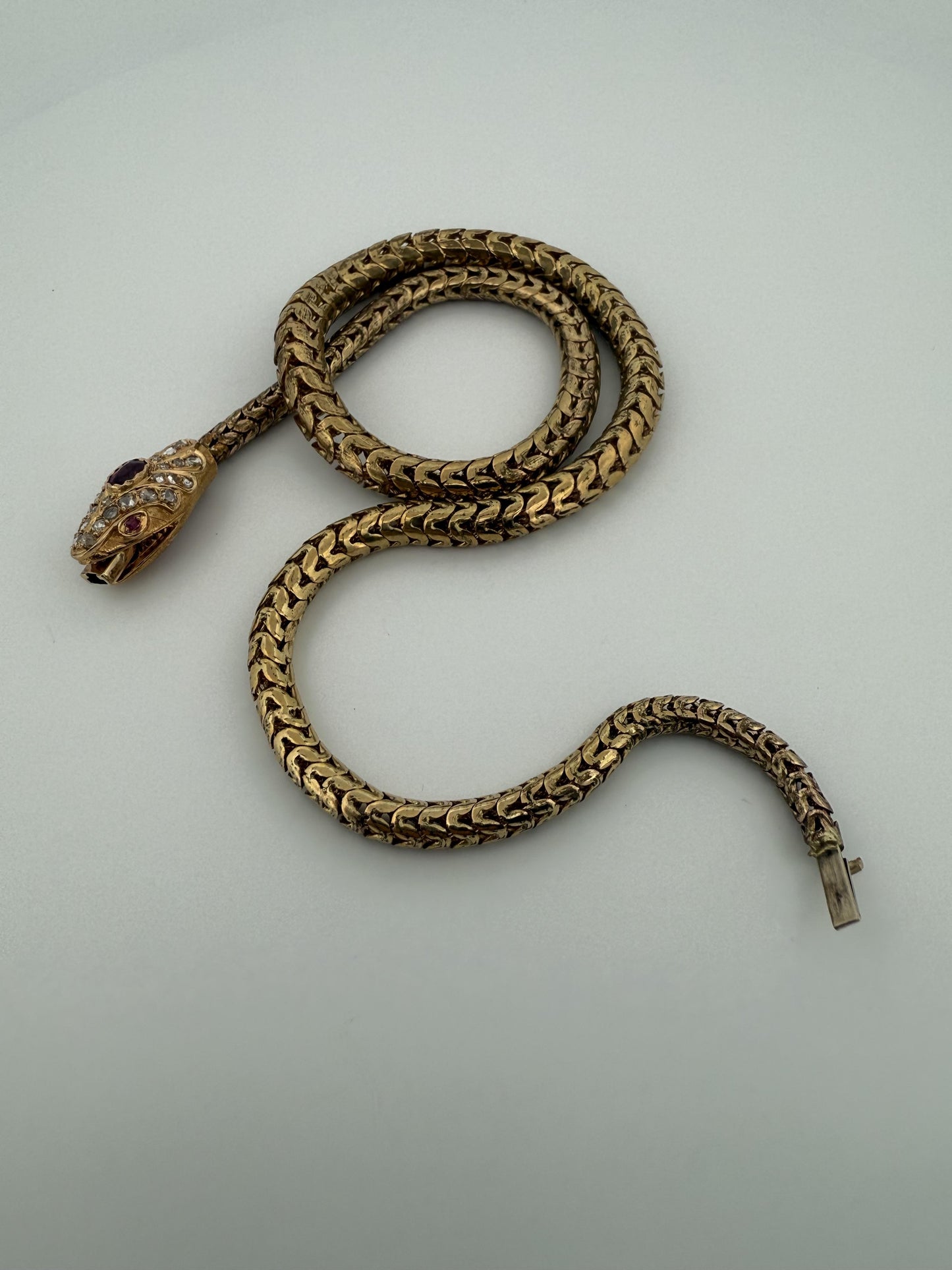 French Vintage 14K Snake Bracelet with Diamonds and Ruby Eyes