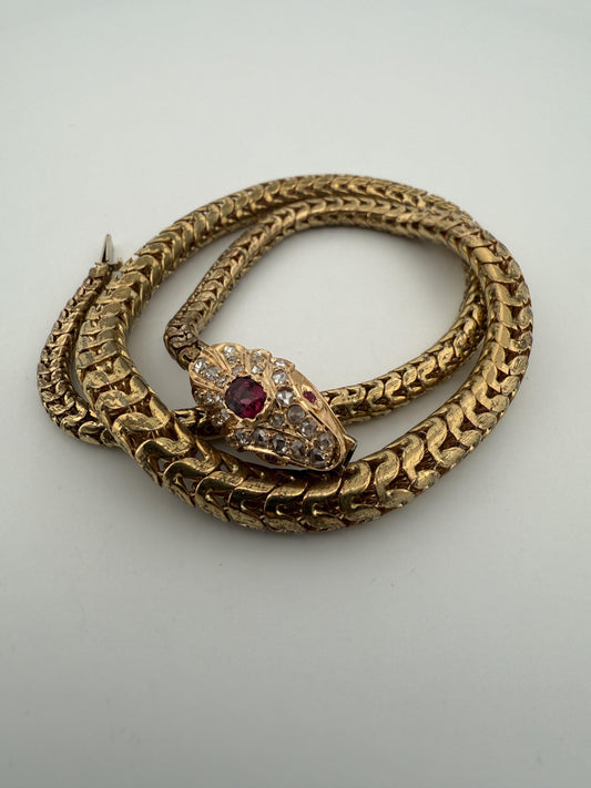 French Vintage 14K Snake Bracelet with Diamonds and Ruby Eyes