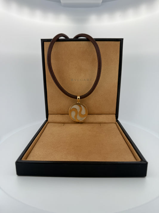 Bulgari Spinning MOP Optical Illusion Pendant w/18K and Leather Necklace