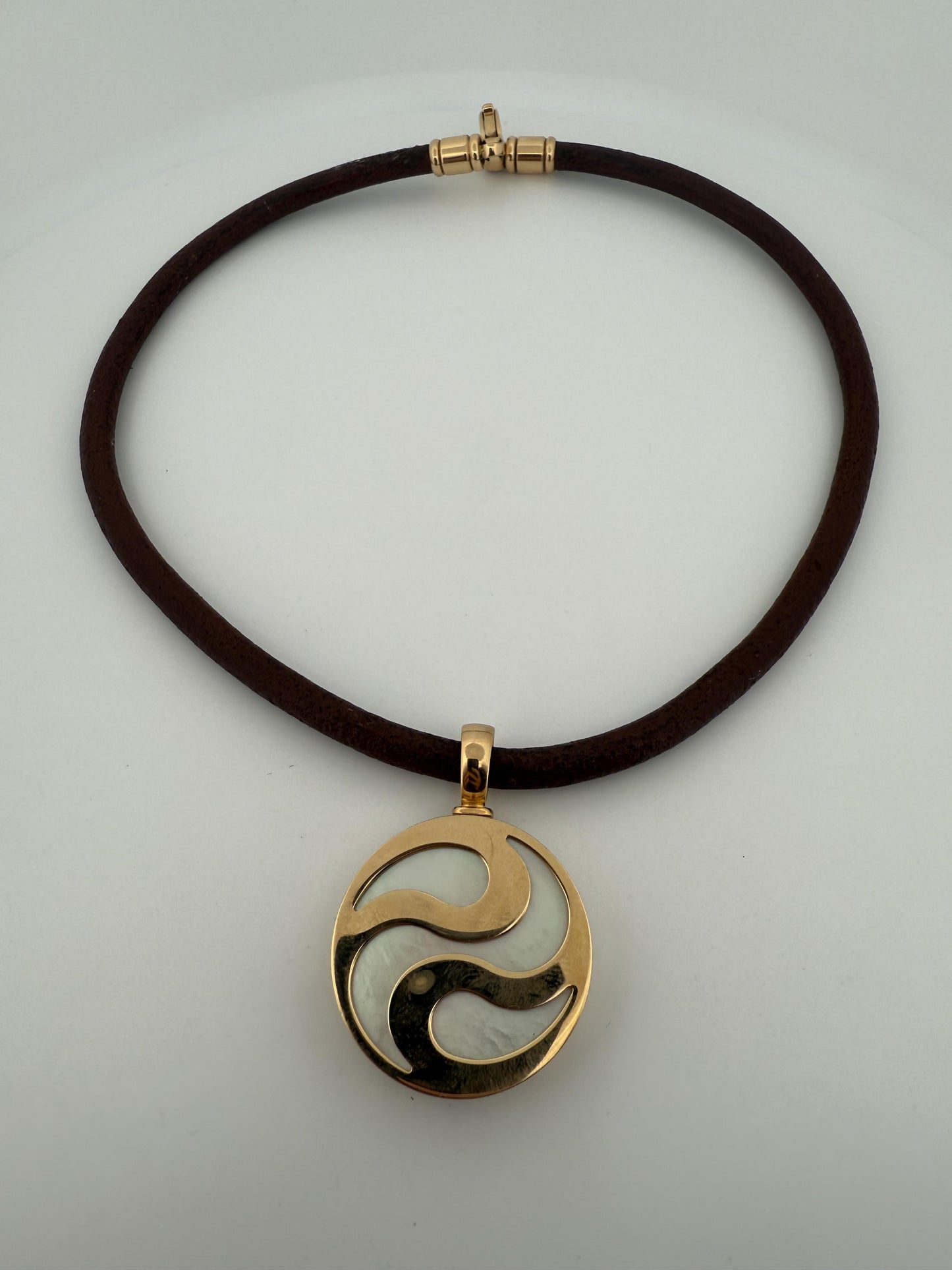 Bulgari Spinning MOP Optical Illusion Pendant w/18K and Leather Necklace
