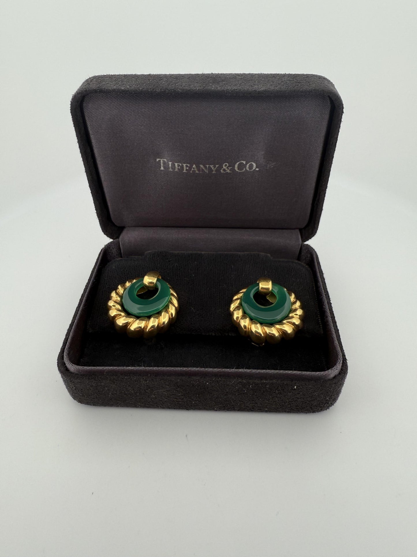Rare Chrysoprase Tiffany & Co 18K Yellow Gold Earrings w/Rope Design