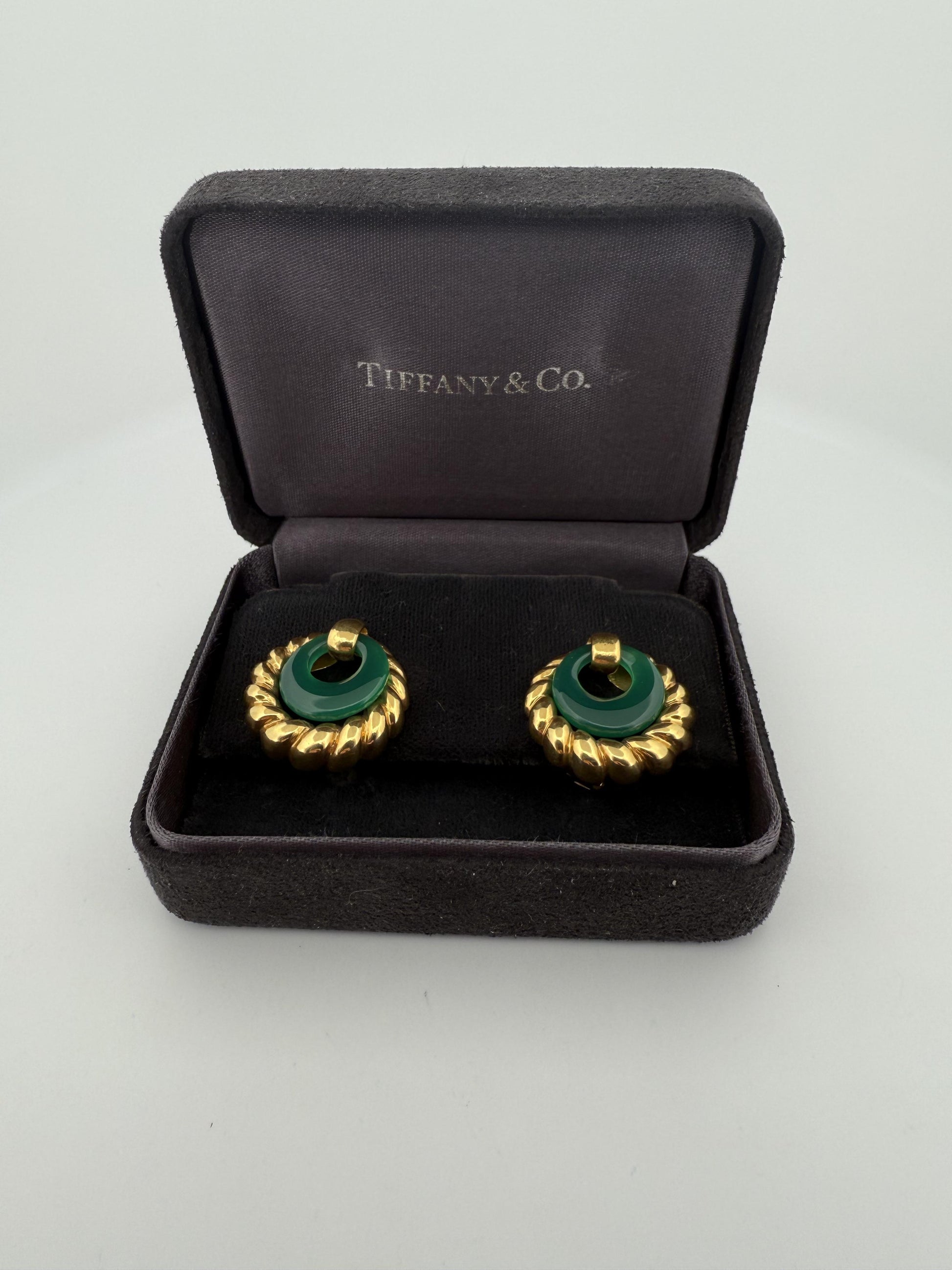 Rare Chrysoprase Tiffany & Co 18K Yellow Gold Earrings w/Rope Design