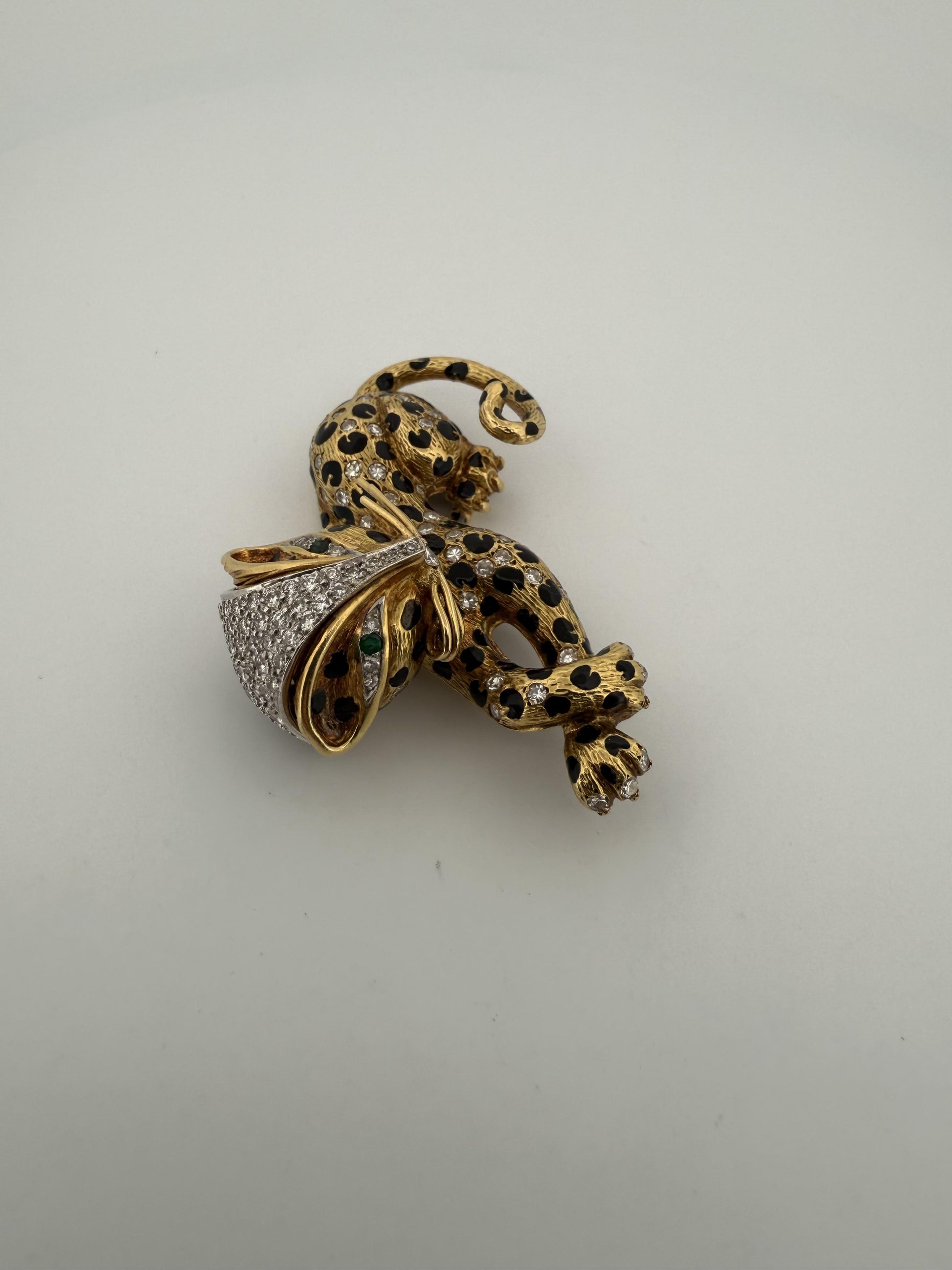 Vintage Fred Paris Sauvage Cat Enamel, Emerald, and Diamond 18K Gold Brooch