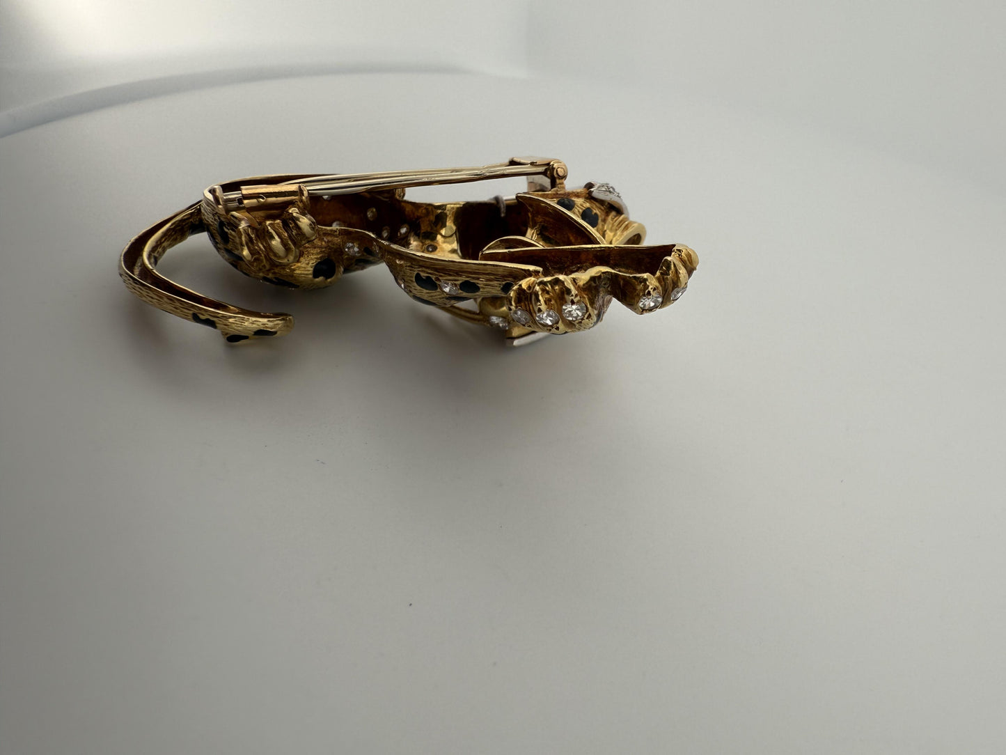 Vintage Fred Paris Sauvage Cat Enamel, Emerald, and Diamond 18K Gold Brooch