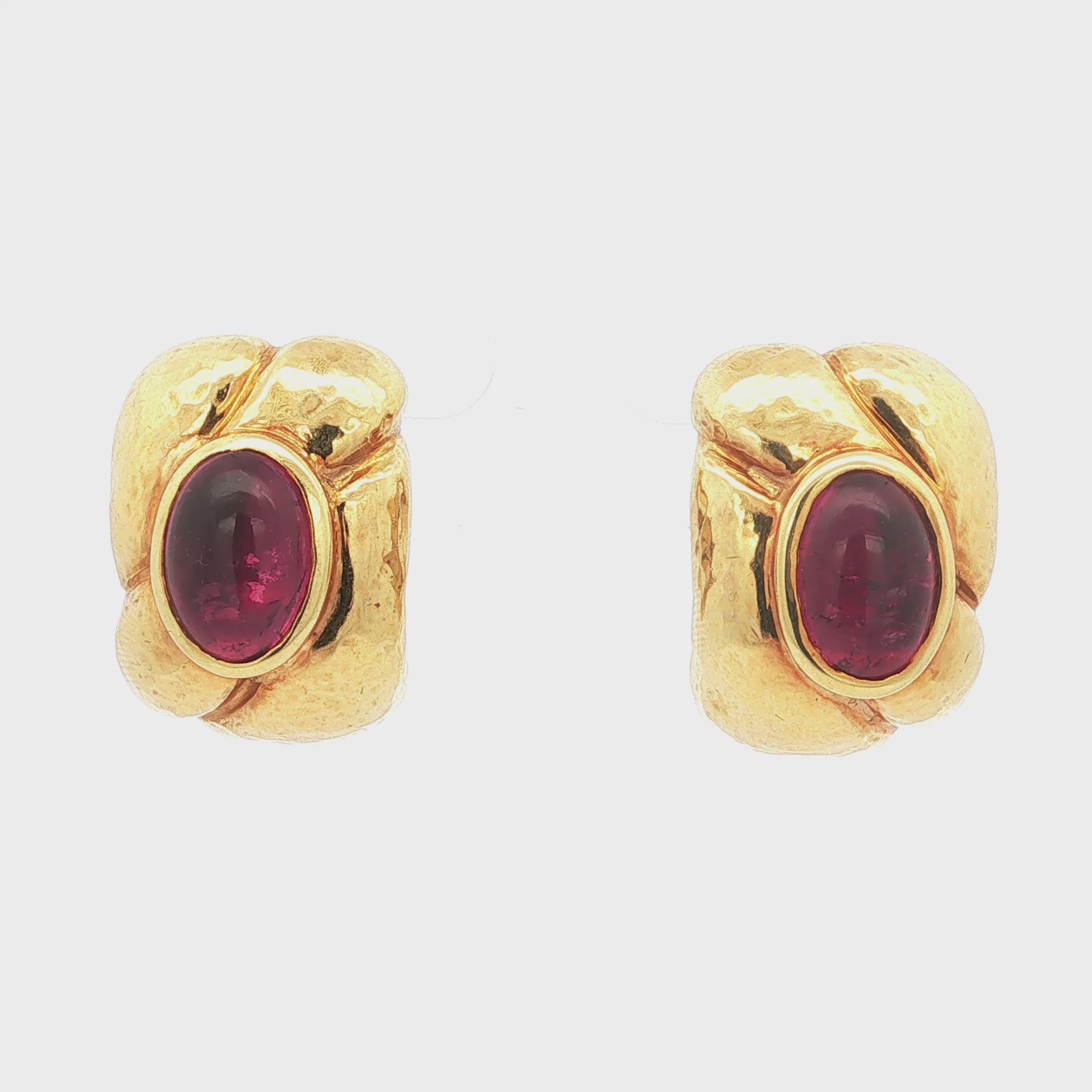 18K Hammered Yellow Gold Knot Clip Earrings with Cabochon Rubellite Centers