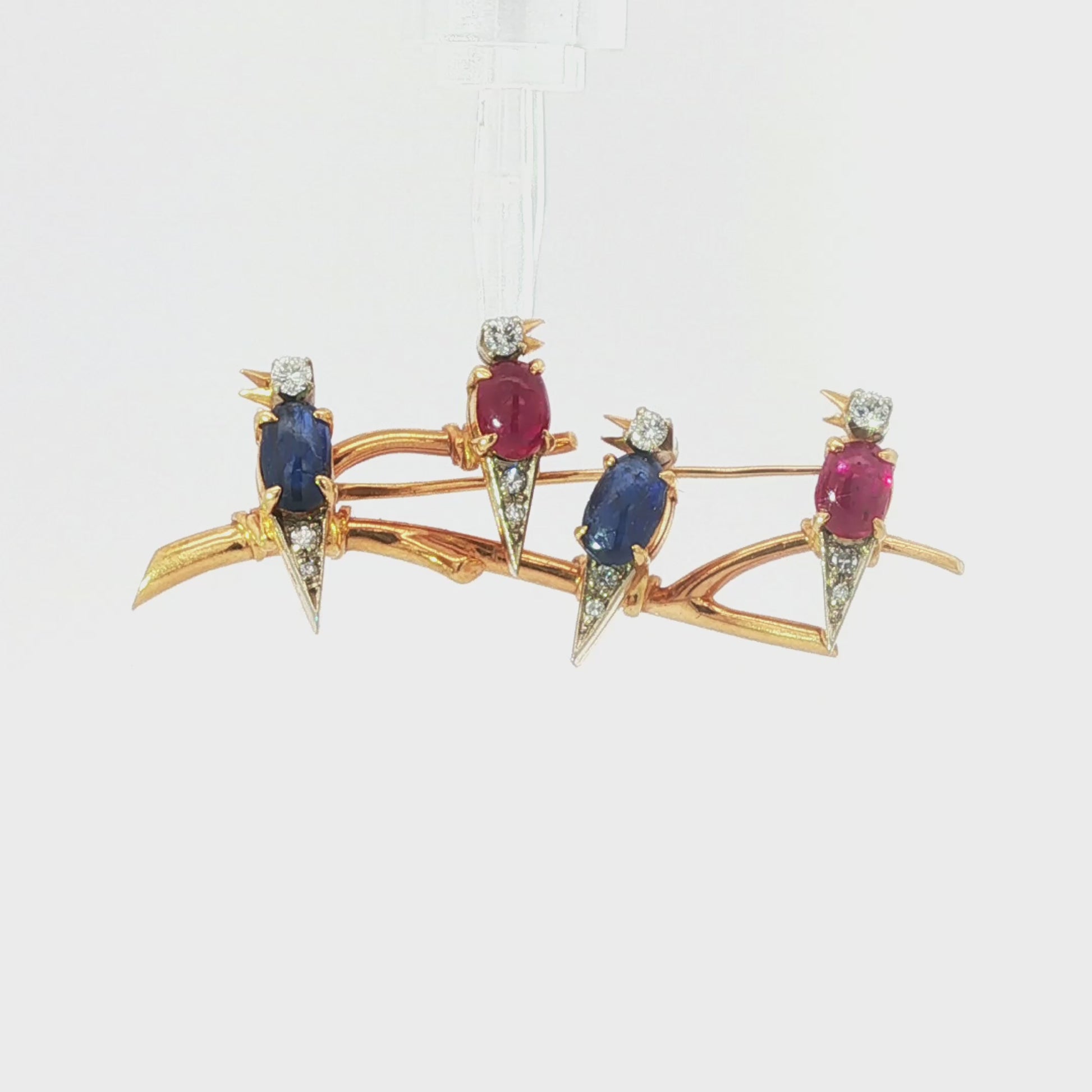 Chatting on the Branch! 18K Gold Ruby, Sapphire, and Diamond Four-Bird Brooch