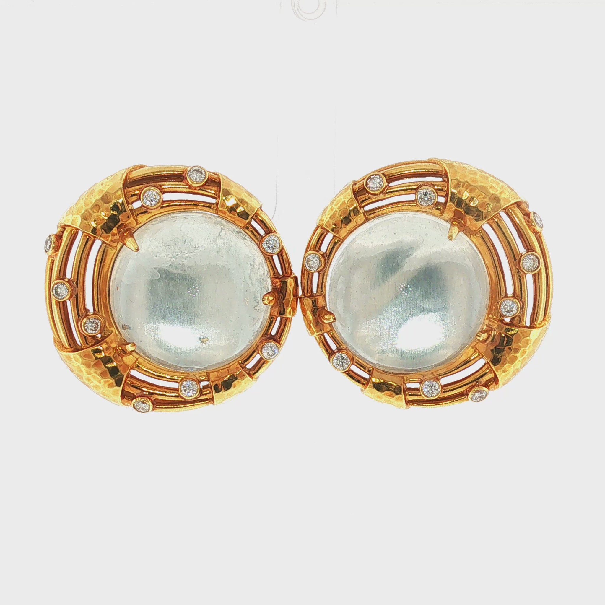 Vintage Andrew Clunn Rock Crystal Quartz Cabochon Earrings w/Diamonds 18K Gold