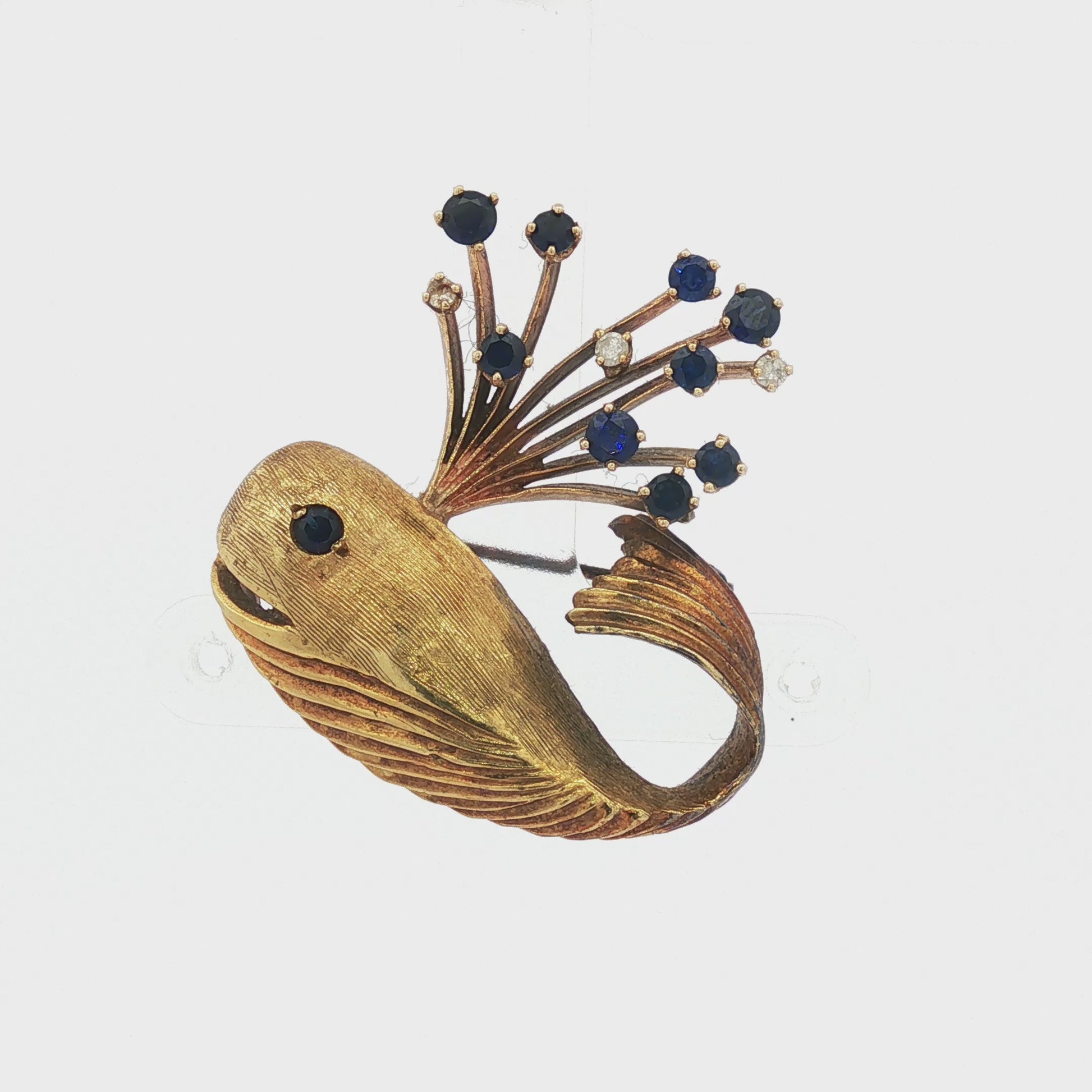 Vintage Rare 18K E. Pearl Whale Brooch with Sapphire and Diamond Spout