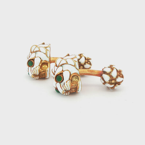 David Webb White Enamel 18K Lion Head Cufflinks with Cabochon Emerald Eye