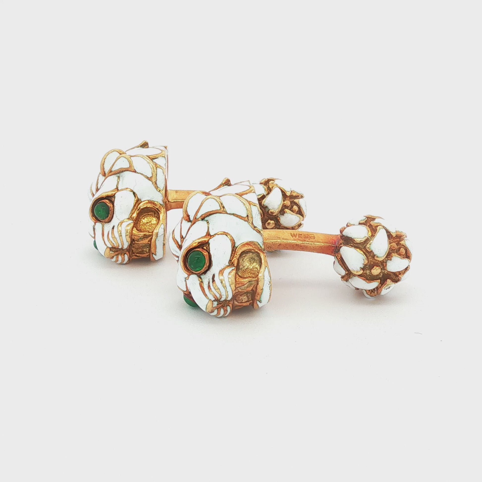 David Webb White Enamel 18K Lion Head Cufflinks with Cabochon Emerald Eye