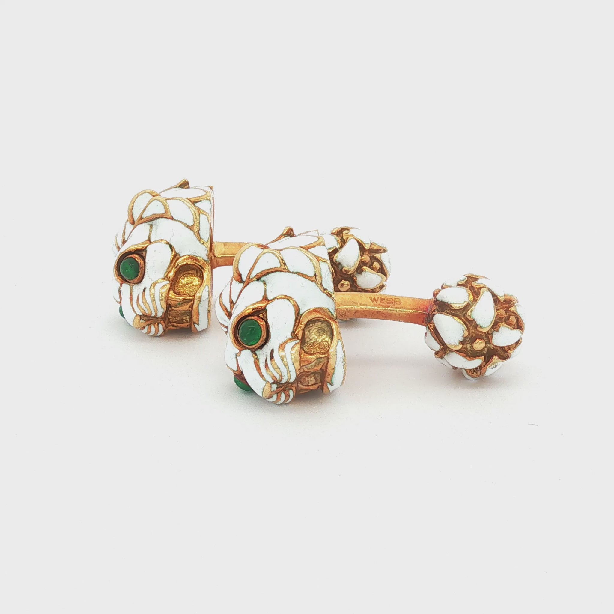 David Webb White Enamel 18K Lion Head Cufflinks with Cabochon Emerald Eye