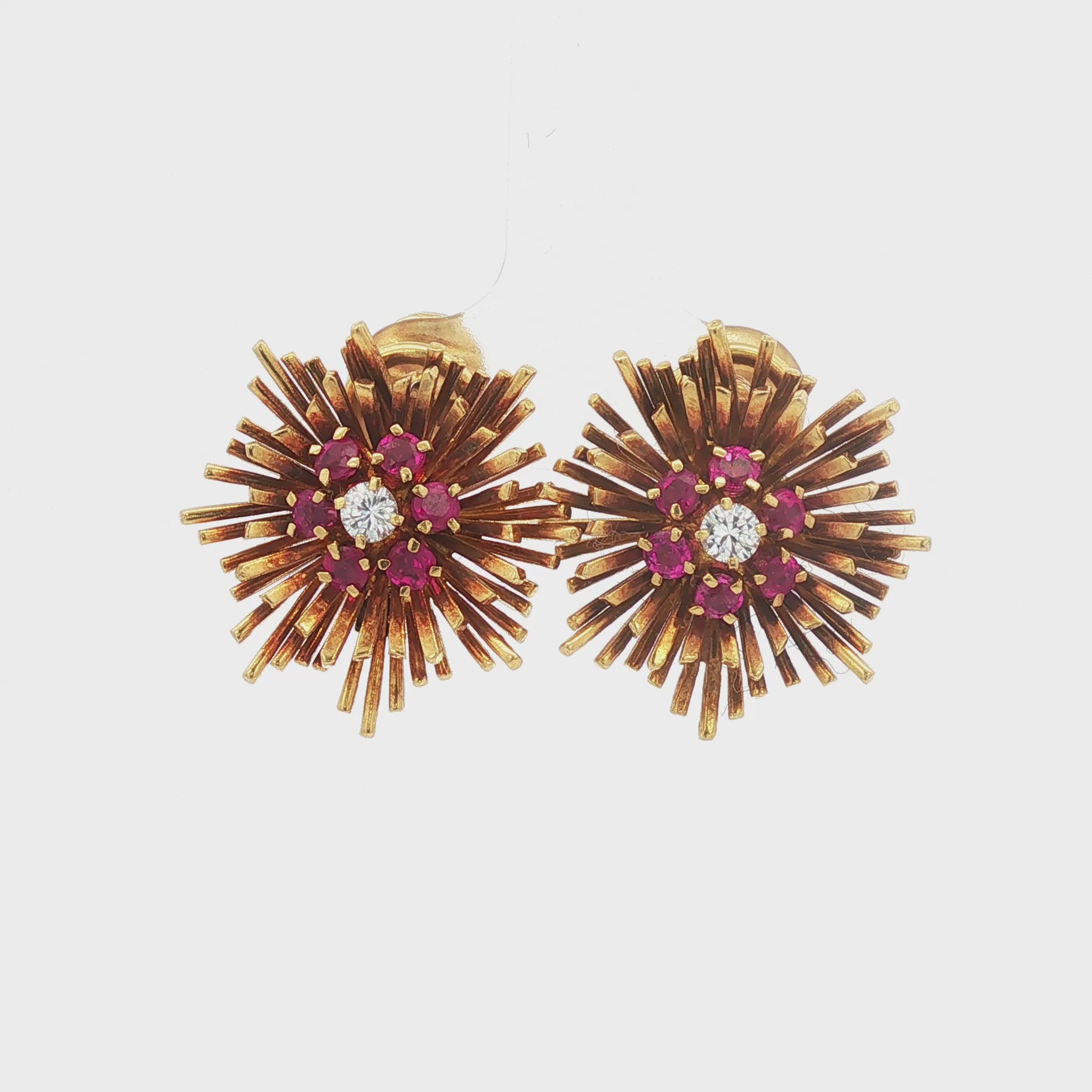 Vintage Mid-century Tiffany & Co 18K Ruby and Diamond Sunburst Earring
