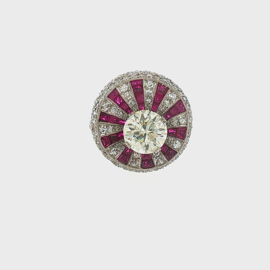 Unique Vintage Concave Diamond and Calibre-set Ruby Sunburst Plat Ring