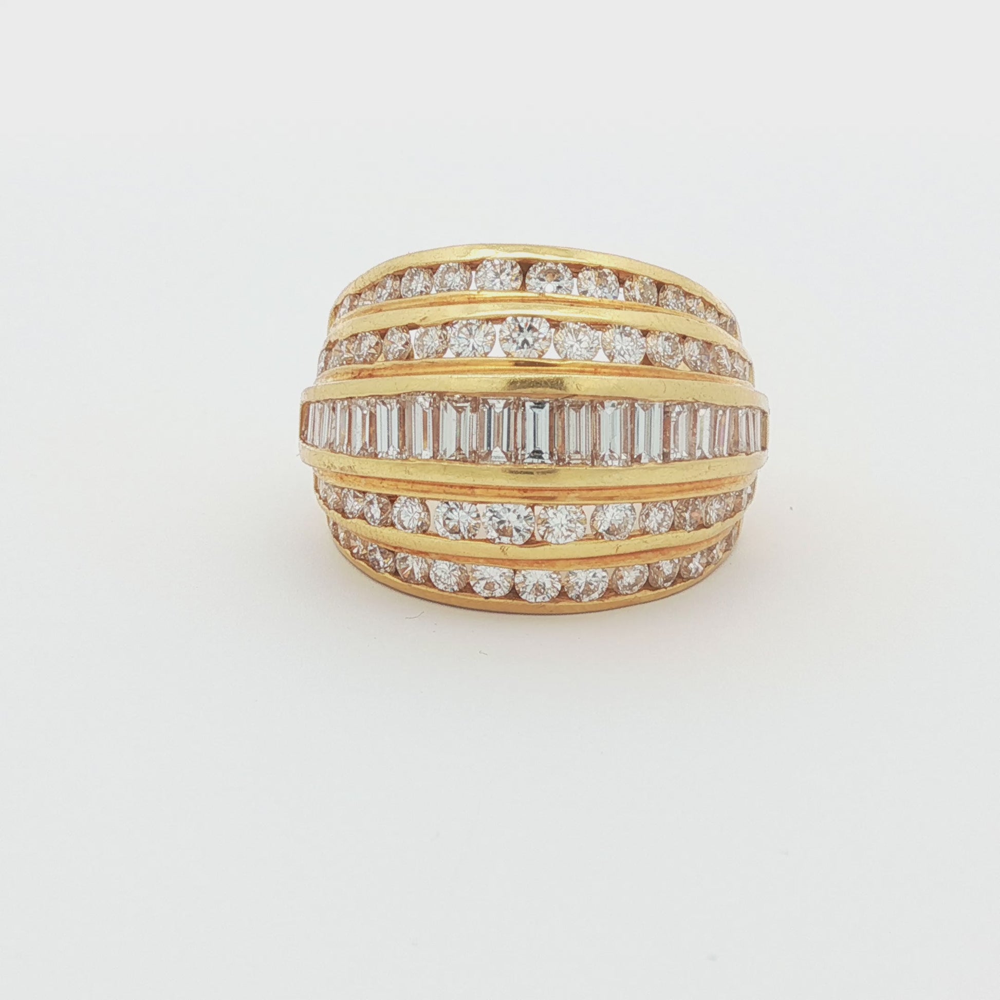 Five-Row Baguette and Round Brilliant Diamond Bombé Ring, 18K Yellow Gold