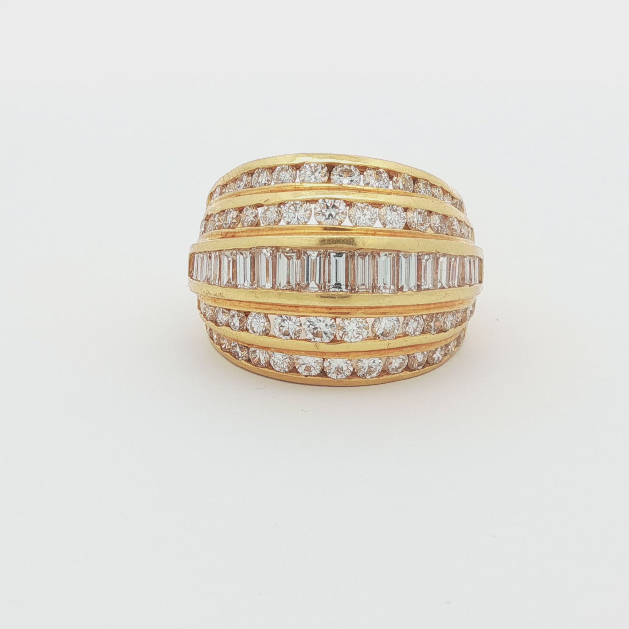 Five-Row Baguette and Round Brilliant Diamond Bombé Ring, 18K Yellow Gold