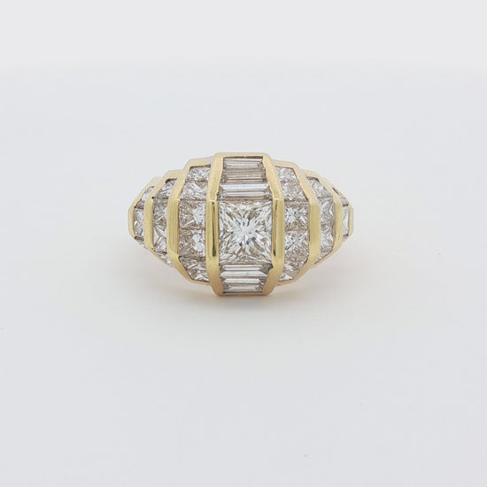 Vintage Princess-Cut and Baguette Diamond Bombé Ring, 18K Yellow Gold