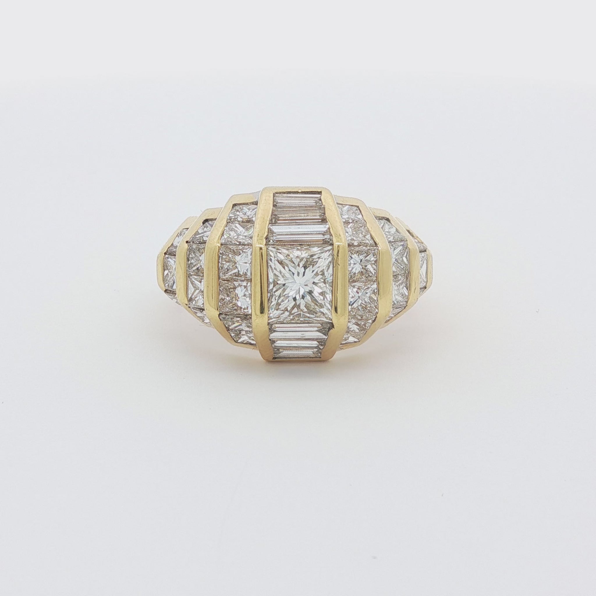 Vintage Princess-Cut and Baguette Diamond Bombé Ring, 18K Yellow Gold