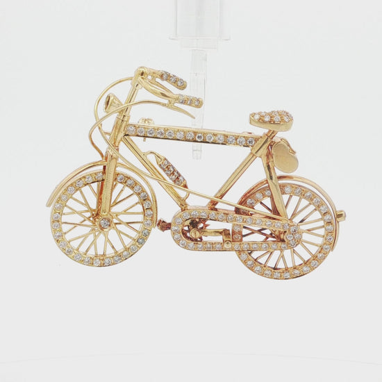 Vintage 1970s 18K Gold, Diamond, and Ruby Bicycle Brooch with Articulated Wheels