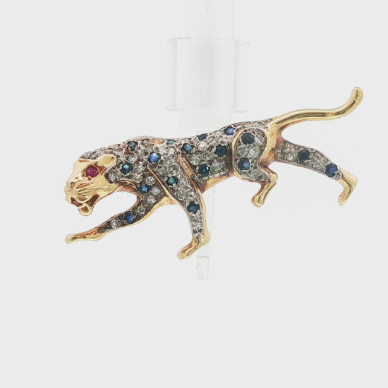 Vintage 14 Karat Gold Diamond and Sapphire Leopard Brooch