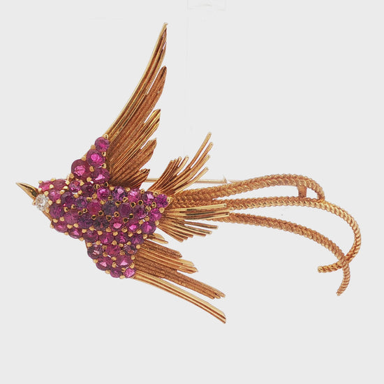 J. Rossi Ruby and Diamond Bird-in-Flight Brooch in 18k Yellow Gold