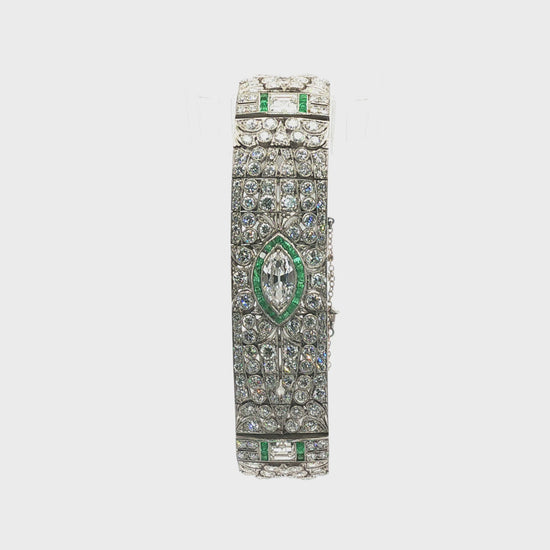 Vintage 1925 Marquise Diamond and Emerald Platinum Bracelet