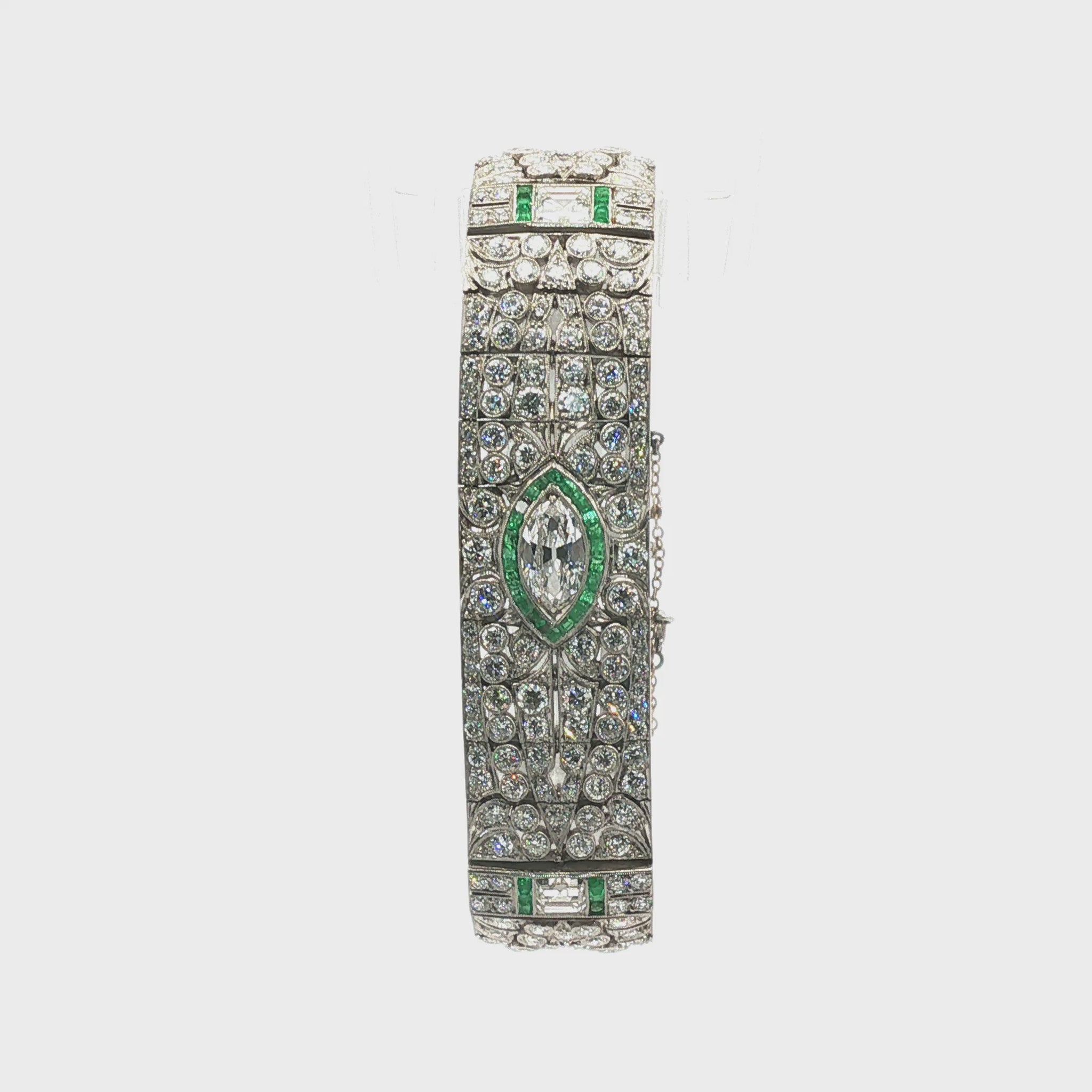 Vintage 1925 Marquise Diamond and Emerald Platinum Bracelet