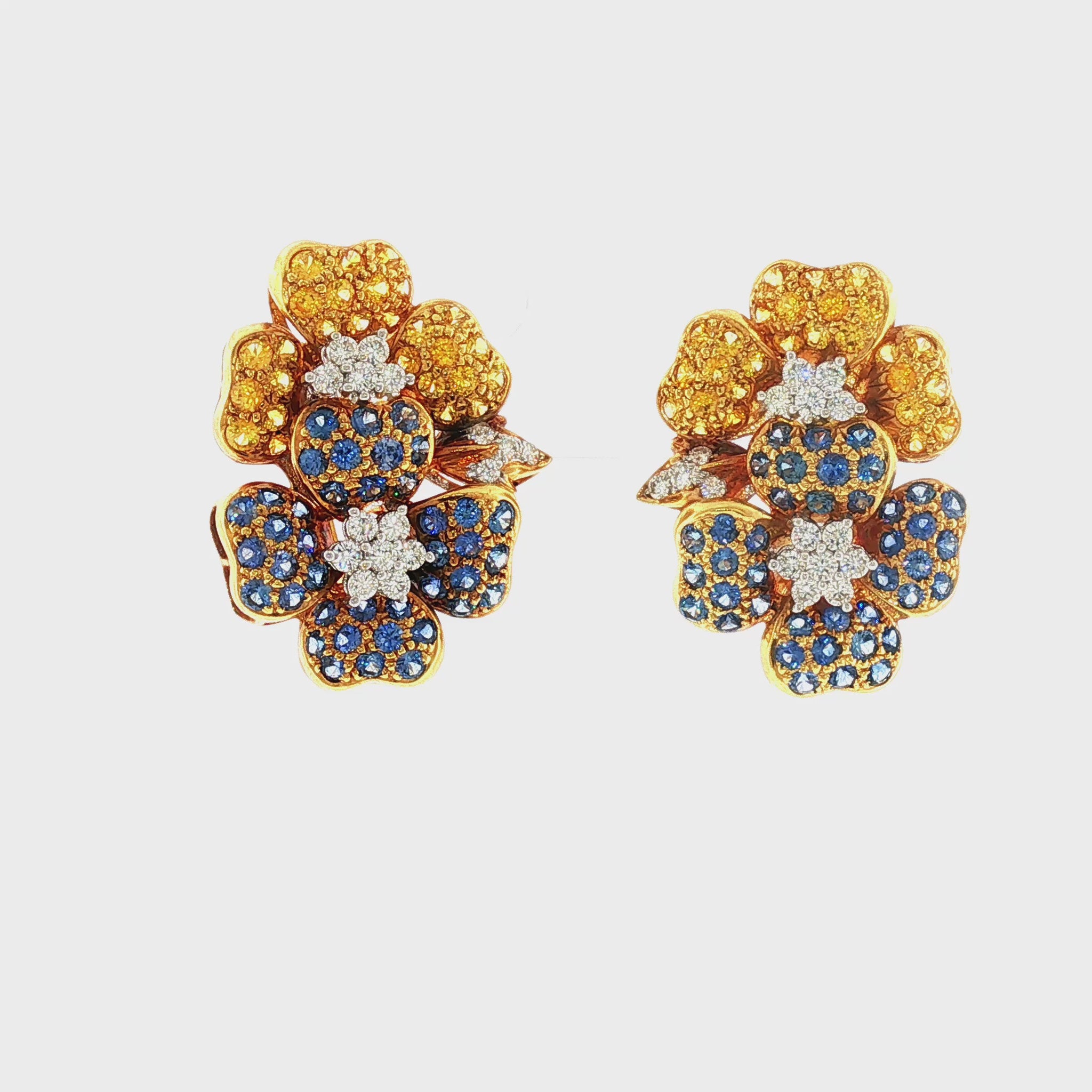 18K Vintage Yellow Sapphire, Blue Sapphire and Diamond Double Flower Earrings