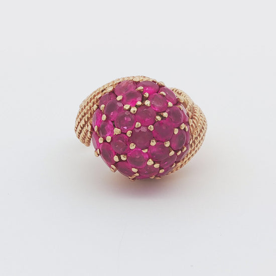 Vintage Ruby Pave Bombe Ring with Twisted Rope Shank, 14K Yellow Gold