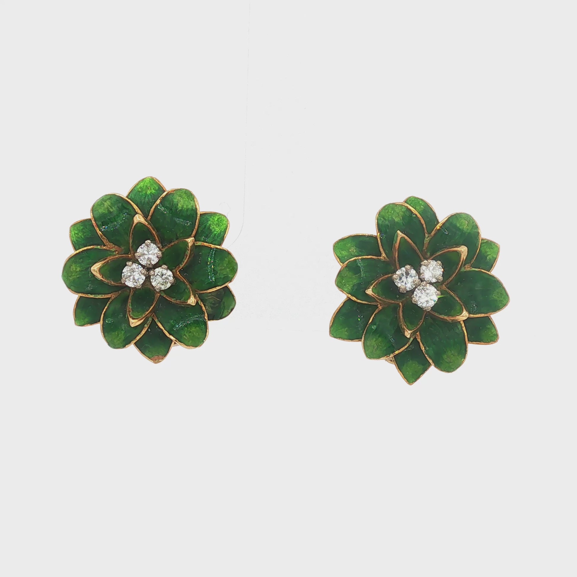 Green Guilloché Enamel 18K Lotus Earrings with Diamond Cluster Center