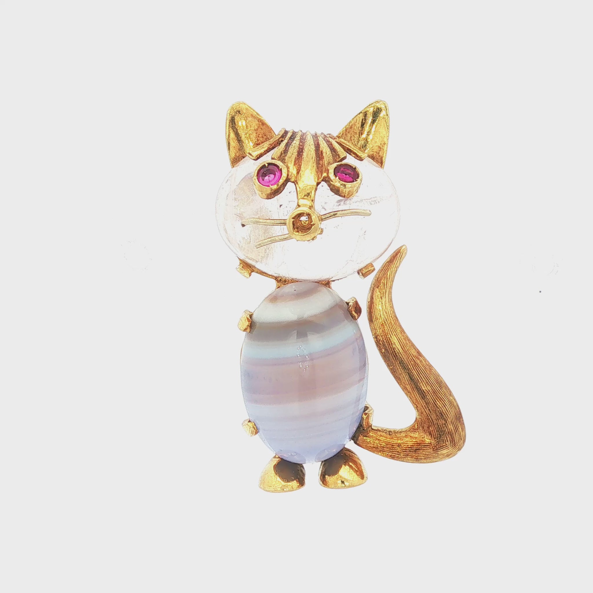 Vintage 18K Cat Brooch with Quartz Head, Banded Agate Body, and Ruby