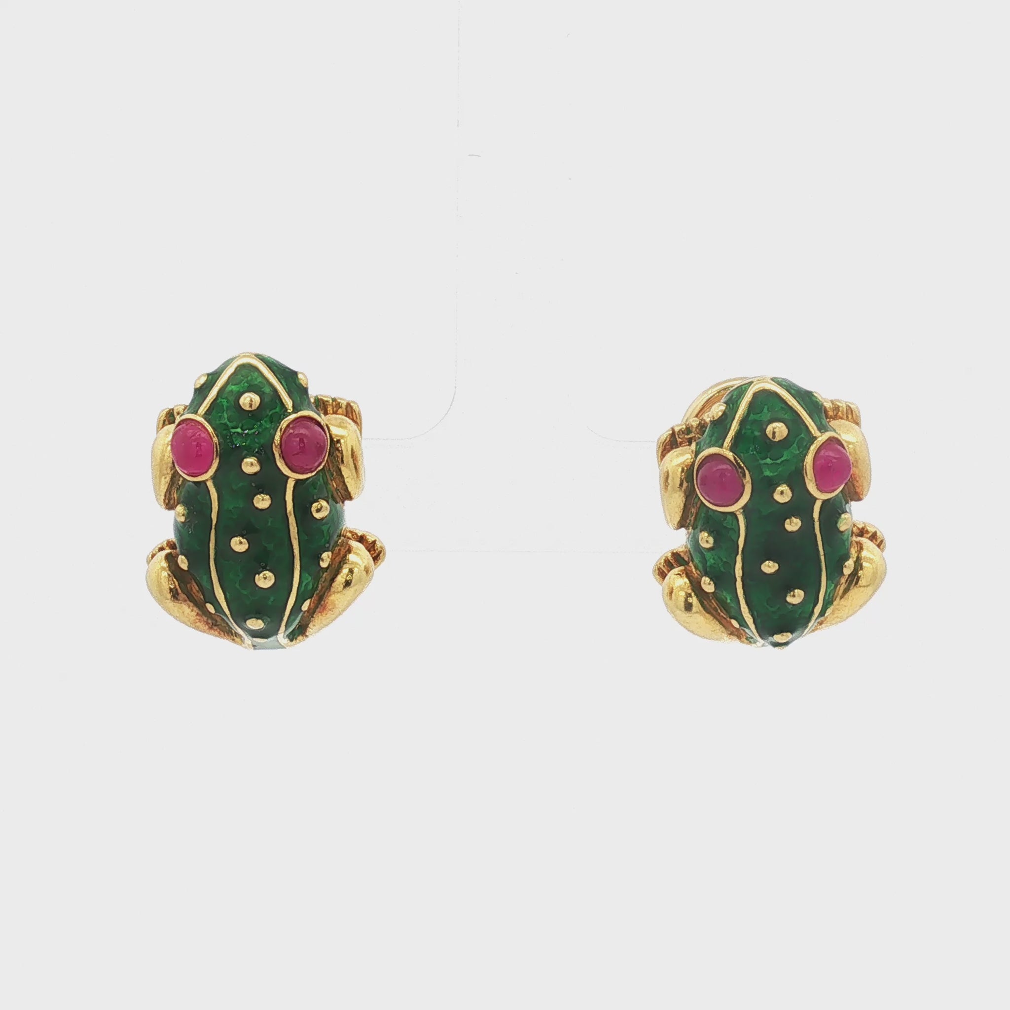 Green Enamel Frog Clip Earrings with Ruby Cabochon Eyes