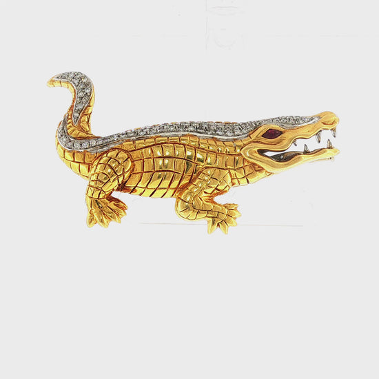 Piero Milano 18K Gold Crocodile Brooch with Diamond Crest and Ruby Eye
