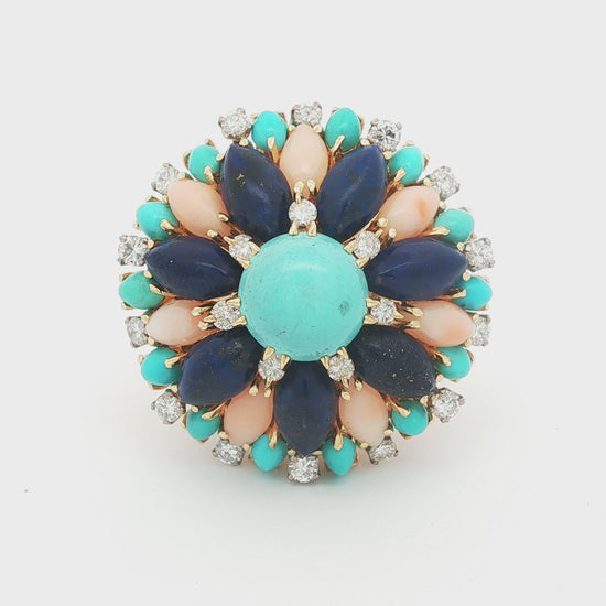 Turquoise, Lapis Lazuli, Coral and Diamond Cluster Ring in 14k Yellow Gold