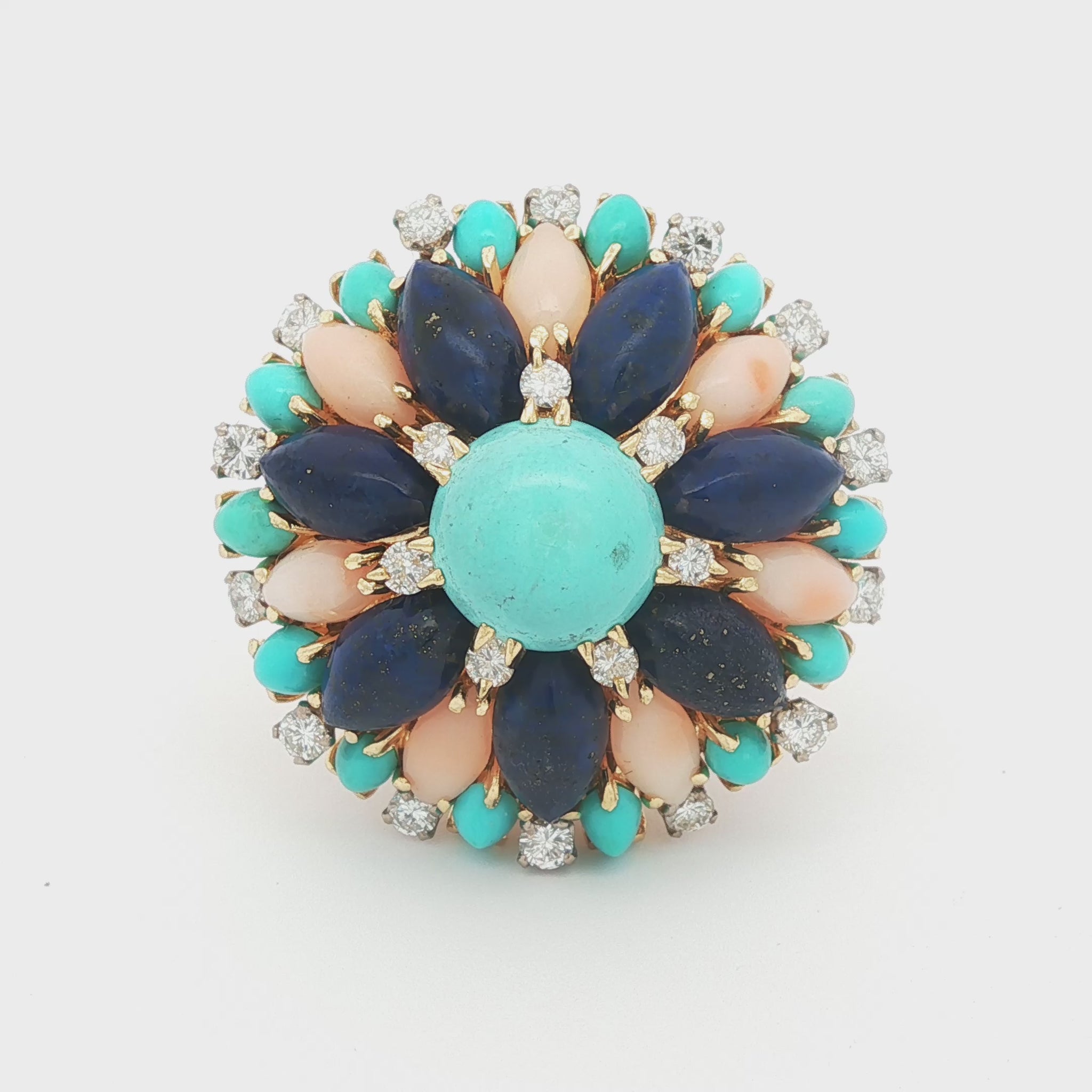 Turquoise, Lapis Lazuli, Coral and Diamond Cluster Ring in 14k Yellow Gold