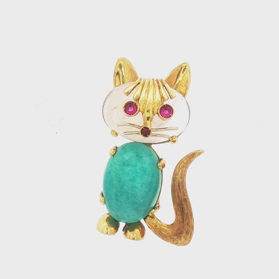Vintage 18K Cat Brooch w/ Light Pink Quartz Head, Amazonite Body, and Ruby Eyes