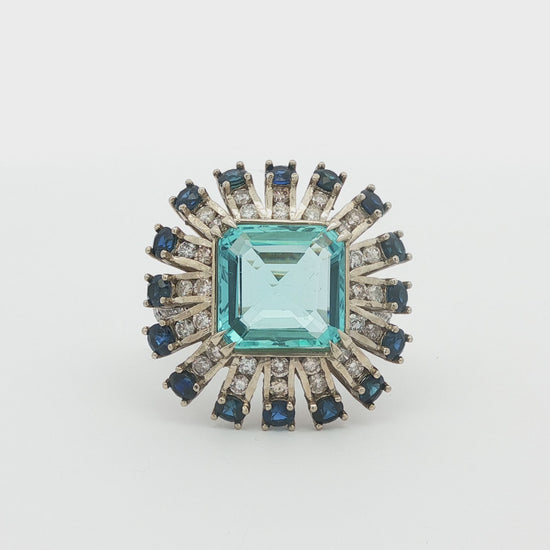 Vintage Aquamarine, Blue Sapphire, and Diamond Ballerina Platinum Ring