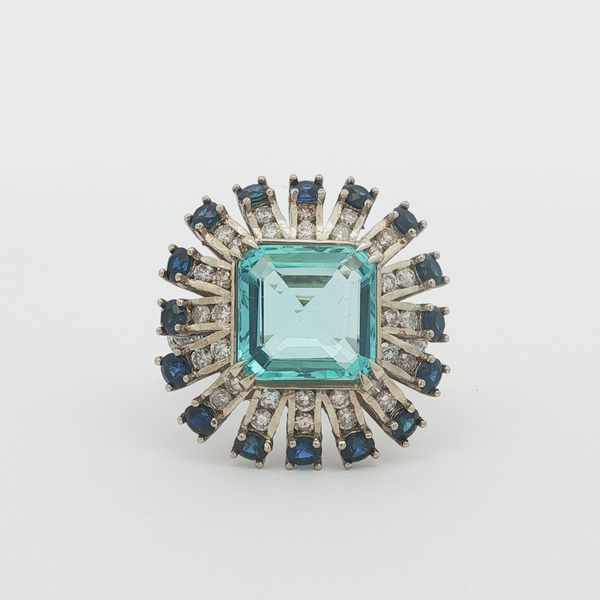 Vintage Aquamarine, Blue Sapphire, and Diamond Ballerina Platinum Ring