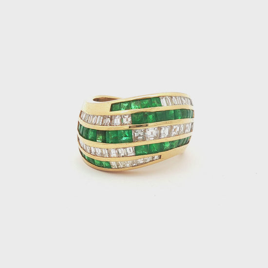 18K Yellow Gold Square-Cut Emerald and Baguette Diamond Striped Bombe Ring
