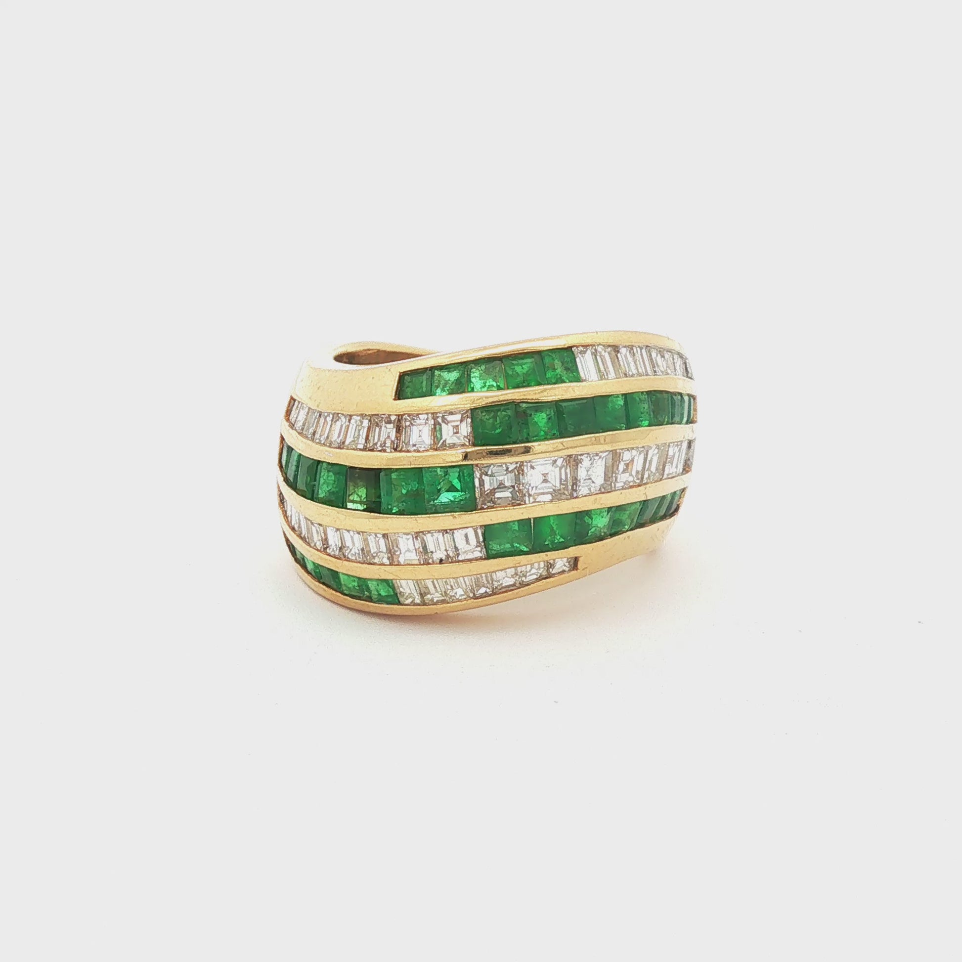 18K Yellow Gold Square-Cut Emerald and Baguette Diamond Striped Bombe Ring