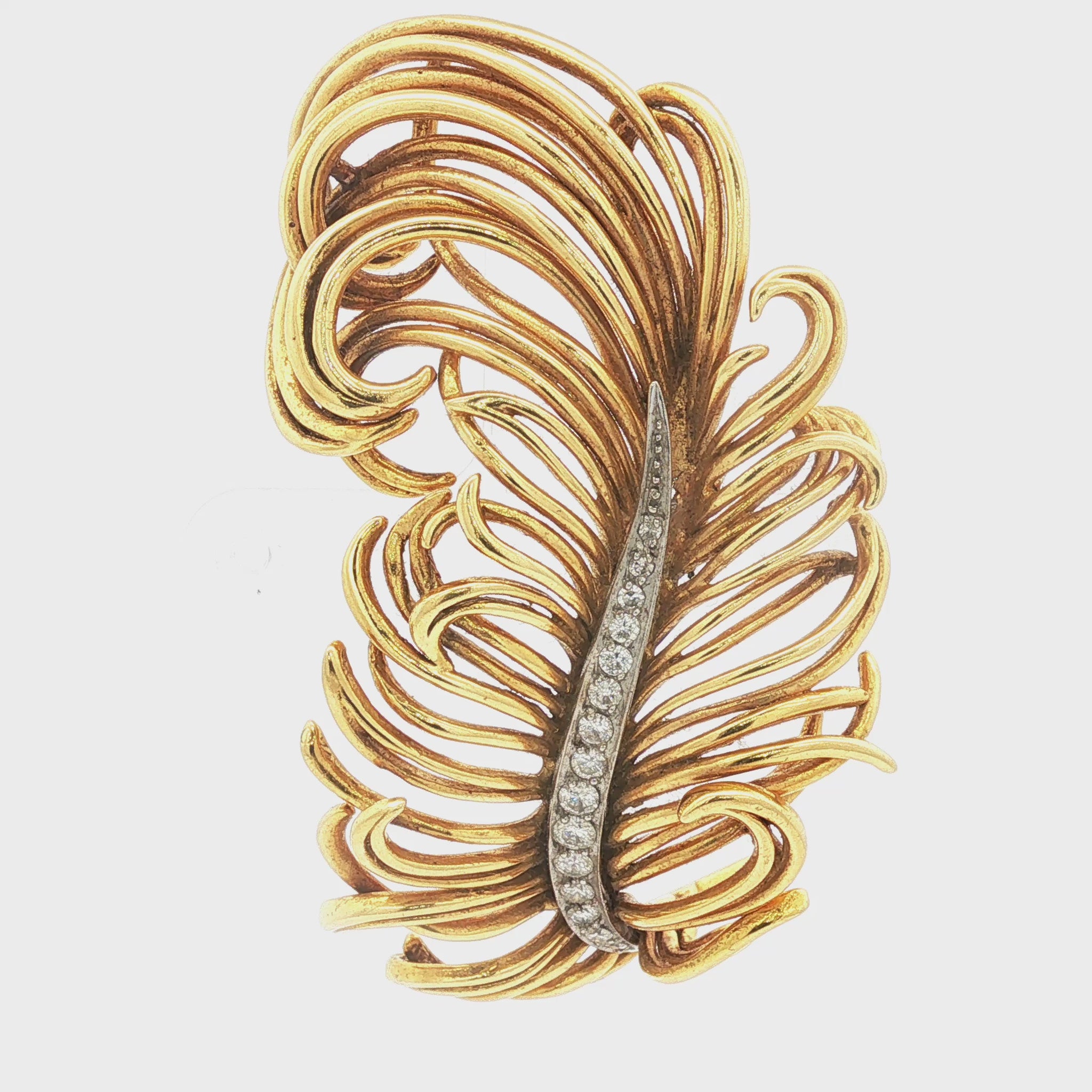 Vintage Rare Tiffany & Co. 18K Mid-Century Plumed Feather Brooch w/Diamond Spine