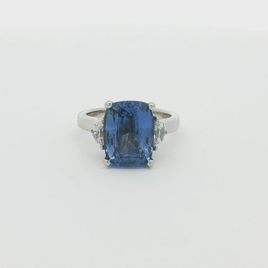 Cushion-Cut Sapphire and Half-Moon Diamond Three-Stone Ring, Platinum