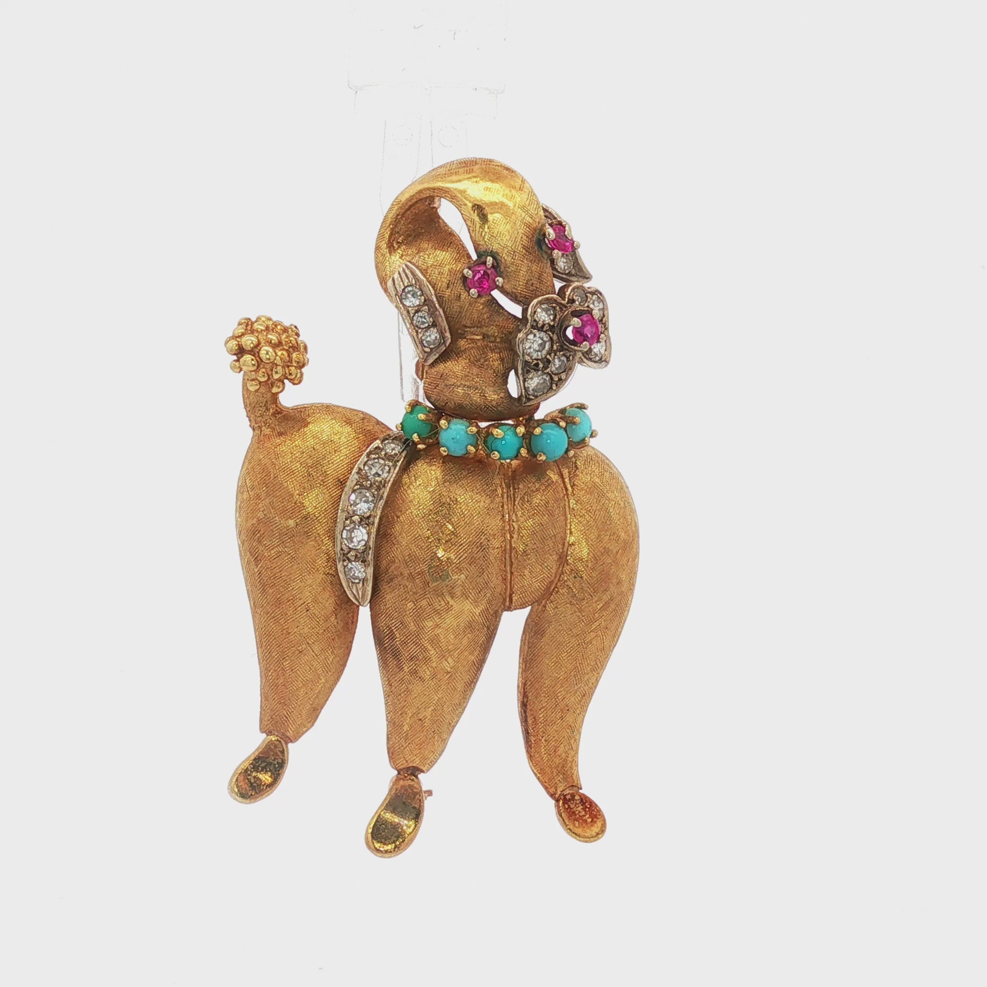 Vintage 14K Yellow Gold Hammered and Textured Poodle with Dia, Ruby, and Turq