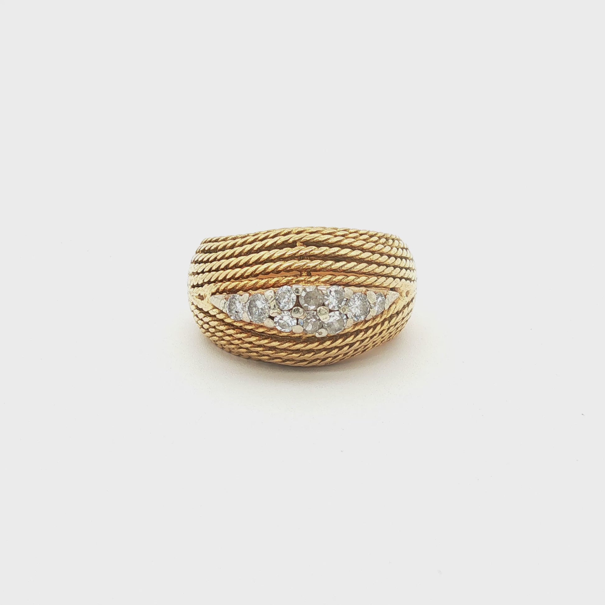 18K Yellow Gold Rope-Twist Bombe Ring with Pave Diamond Center Row