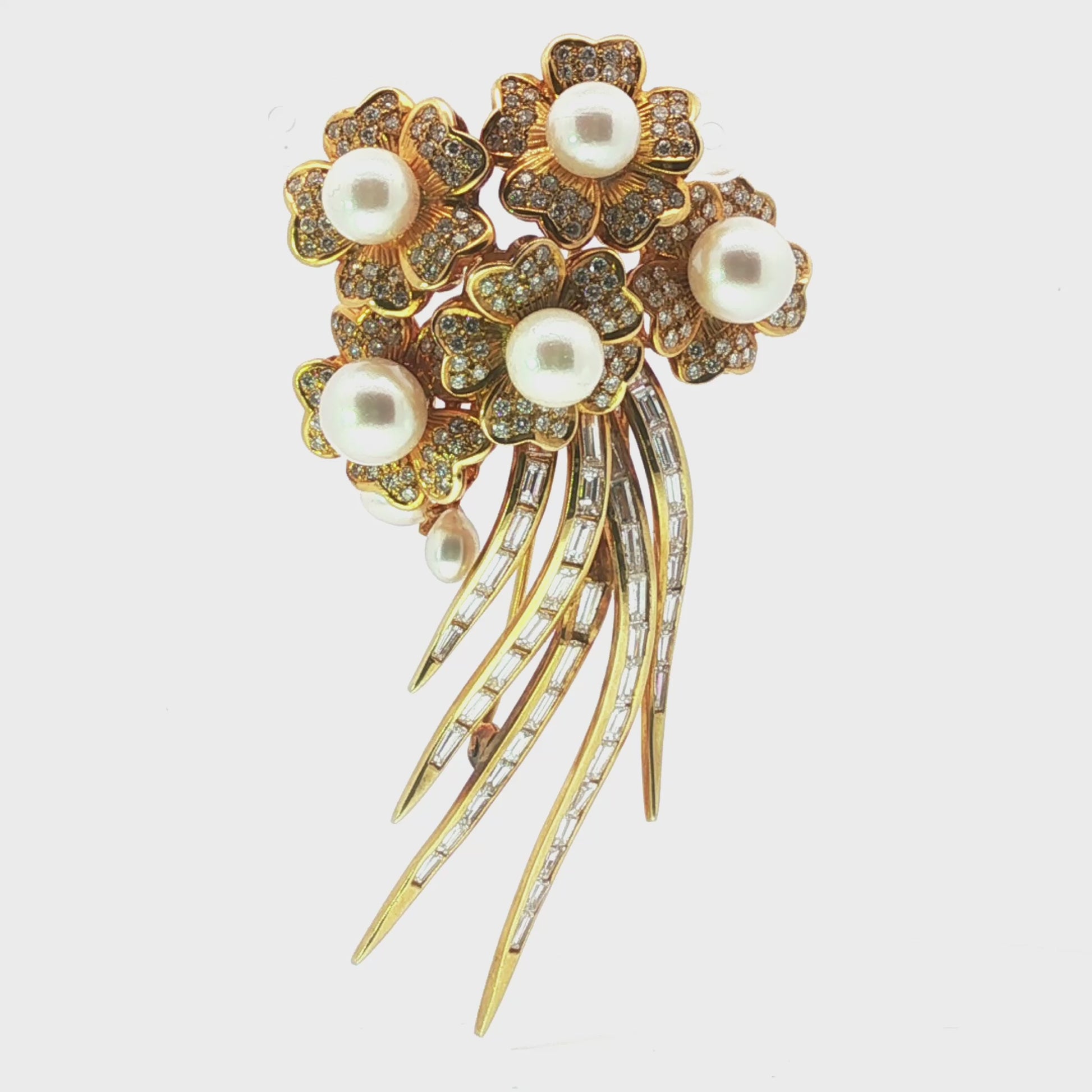 Vintage 1980s 18K Gold, Pearl, Diamond, and Baguette Diamond Floral Spray