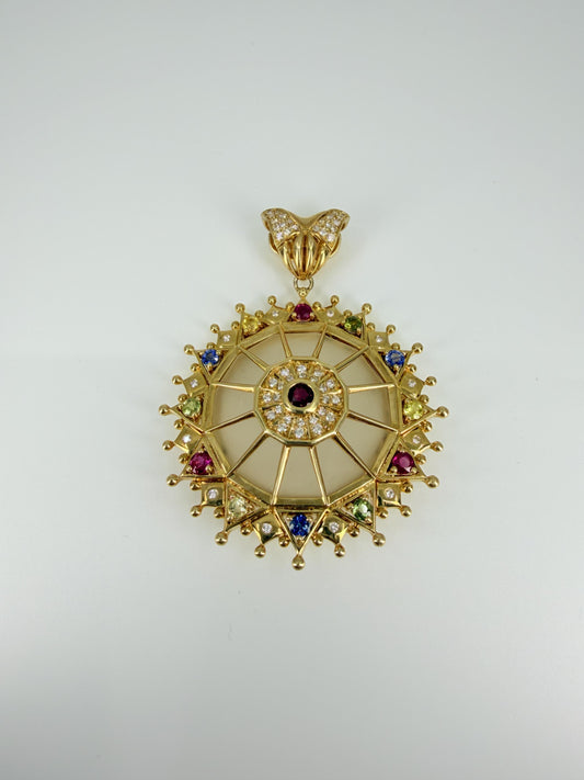 Christian Bernard 18K Sunburst Wheel Pin w/Ruby, Diamond, Emerald, Sapphire
